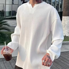 特大码褶皱坑条t恤男女设计感V领宽松长袖cityboy亨利领体恤300斤，男装T恤，星座506A