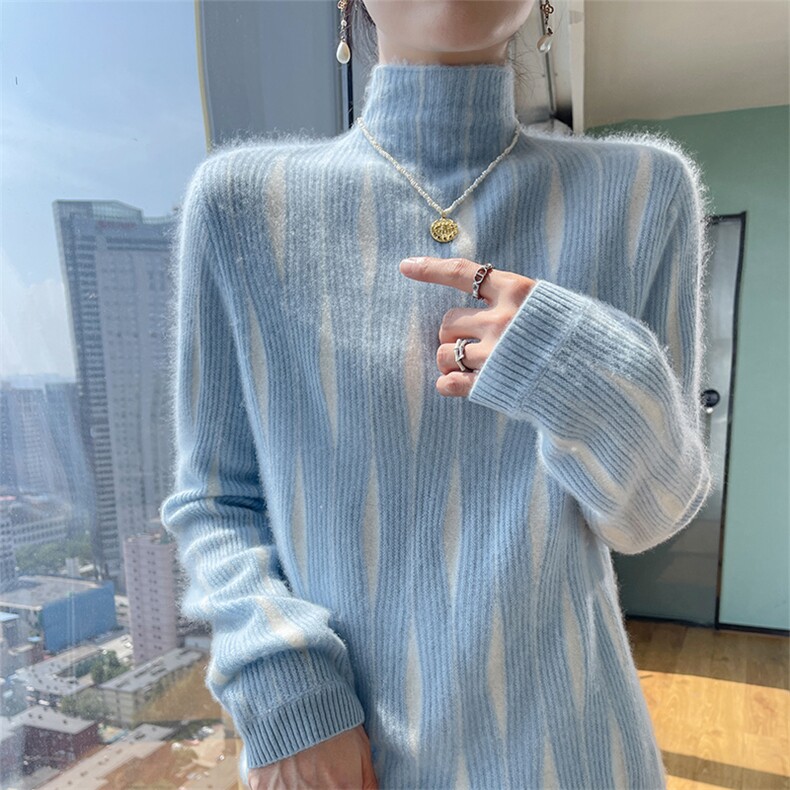 100%纯羊毛衫女半高领拼色针织长袖毛衣宽松百搭羊绒衫显瘦打底衫,女装羊毛衫,宇灿羊绒