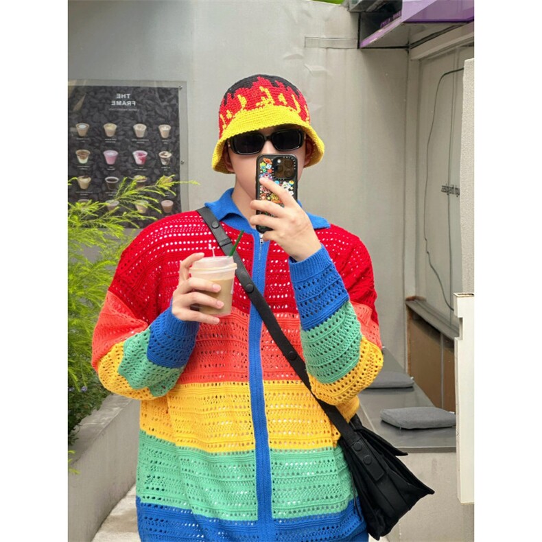 【有货】彩虹针织开衫卫衣男女款镂空防晒多巴胺外套K80CC-特P48，男装防晒衣，星座1007（原301D）