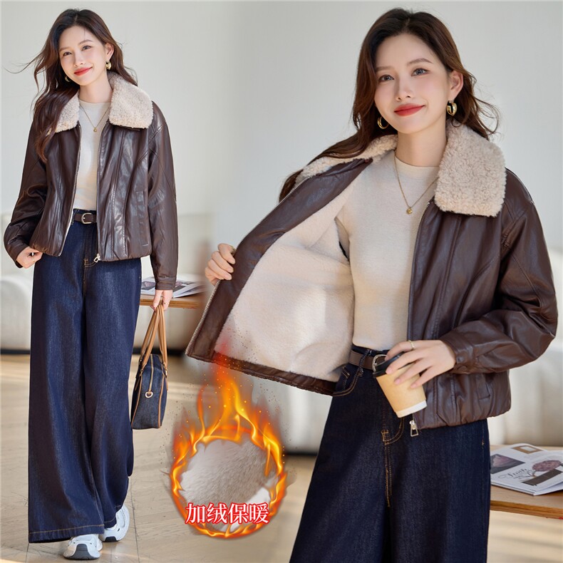 可拆卸毛领加绒加厚皮衣外套女2025秋冬新款小个子显瘦皮夹克上衣，女装棉衣/棉服，依万里