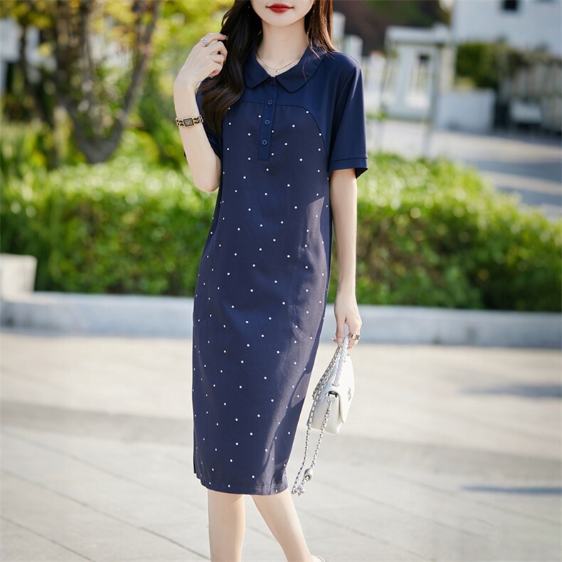 夏季新款简约娃娃领波点连衣裙女宽松百搭显瘦时尚休闲裙,女装连衣裙,臻维羊绒