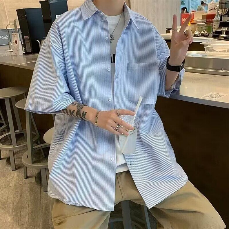 条纹短袖衬衫男2025年新款夏季日系潮牌宽松休闲男生工装衬衣外套,男装衬衫,星座506A