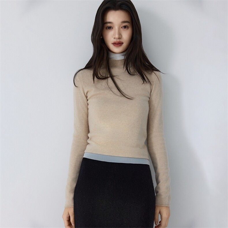 2025年秋季新款女士半高领针织羊绒衫时尚休闲通勤百搭,女装羊绒衫,金暖绒