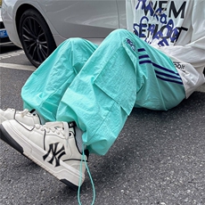 港风秋款男工装裤大口袋字母印花三条杠条纹抽绳束脚长裤h17P45，男装休闲裤，星座1013-1