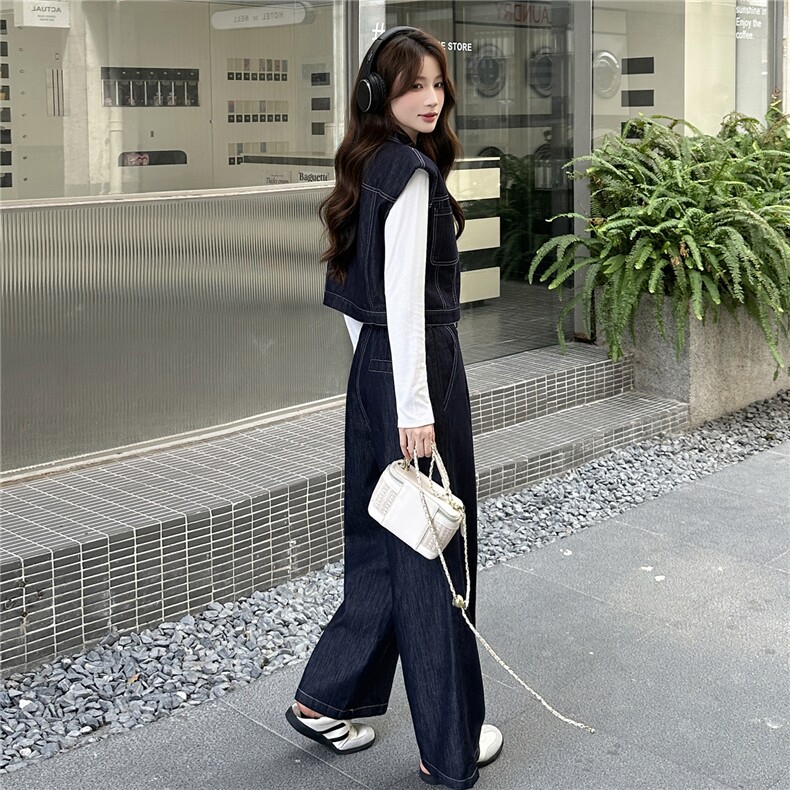 复古牛仔套装女2025秋季新款短袖马甲上衣阔腿长裤套装,女装套装/套裙,瑶迪依秀