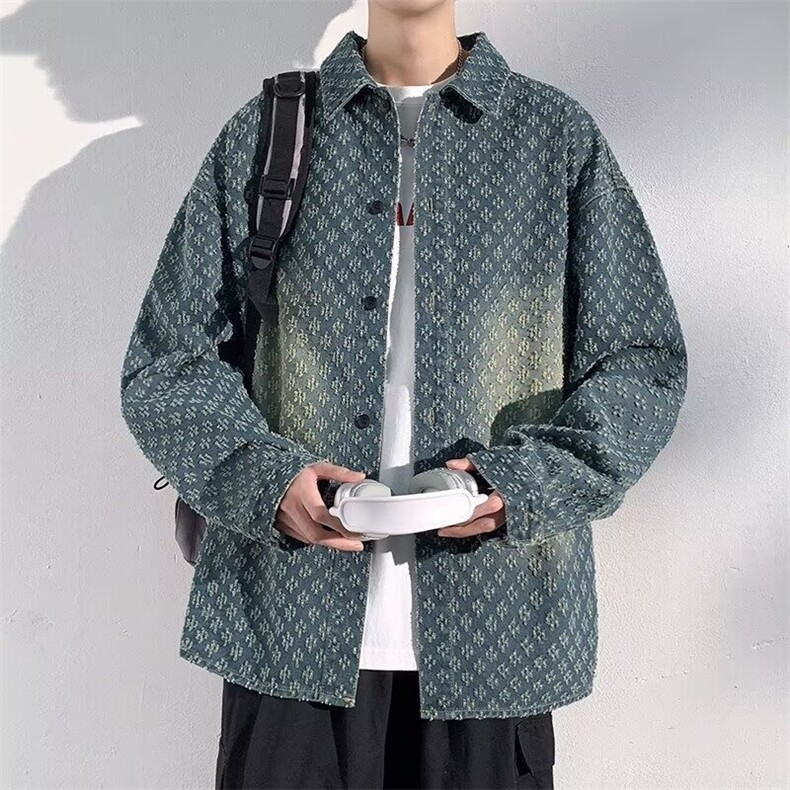 提花牛仔夹克男春季2025新款休闲美式大码翻领外套开衫棒球服上衣,男装夹克,星座516A