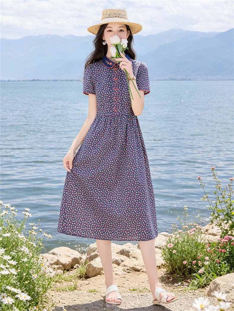 田园风碎花刺绣连衣裙女春夏收腰显瘦中长裙（细节图颜色为准）,女装连衣裙,水衣源