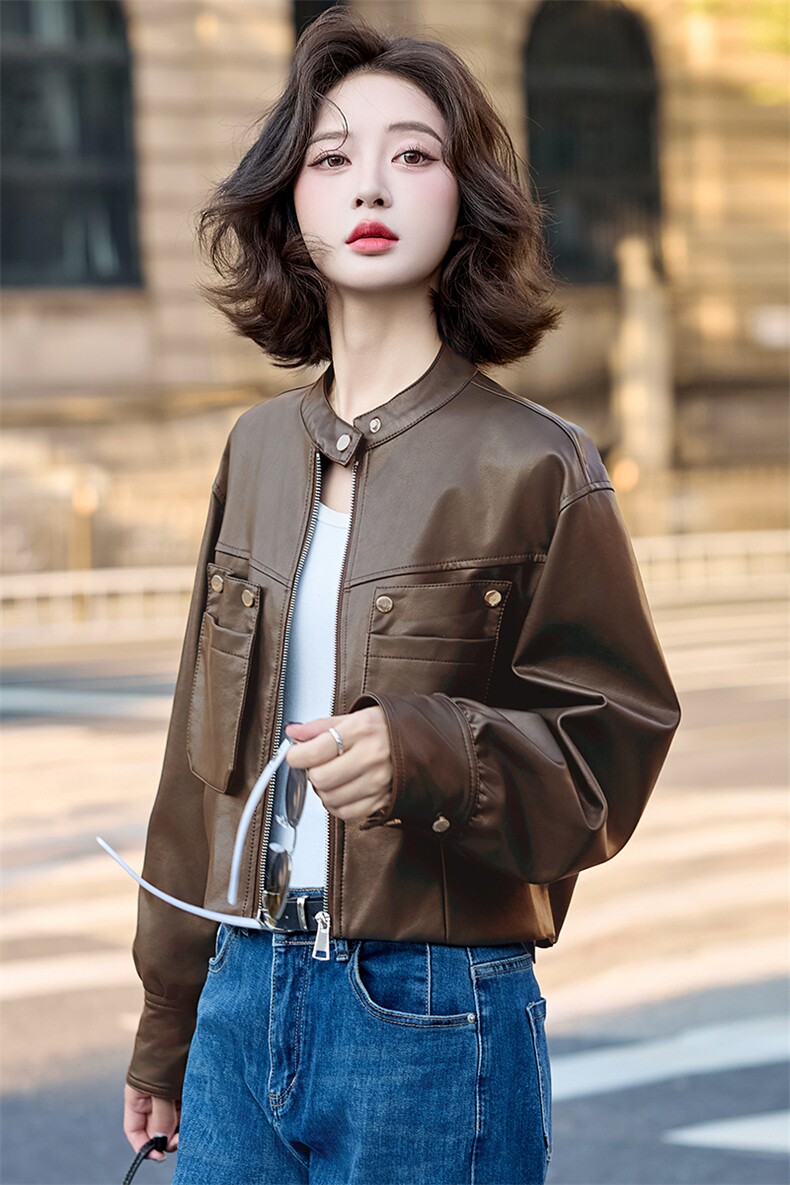 现货立领皮衣2025年女秋季新款气质干练时尚短款外套,女装皮衣,英标秀（1C119）
