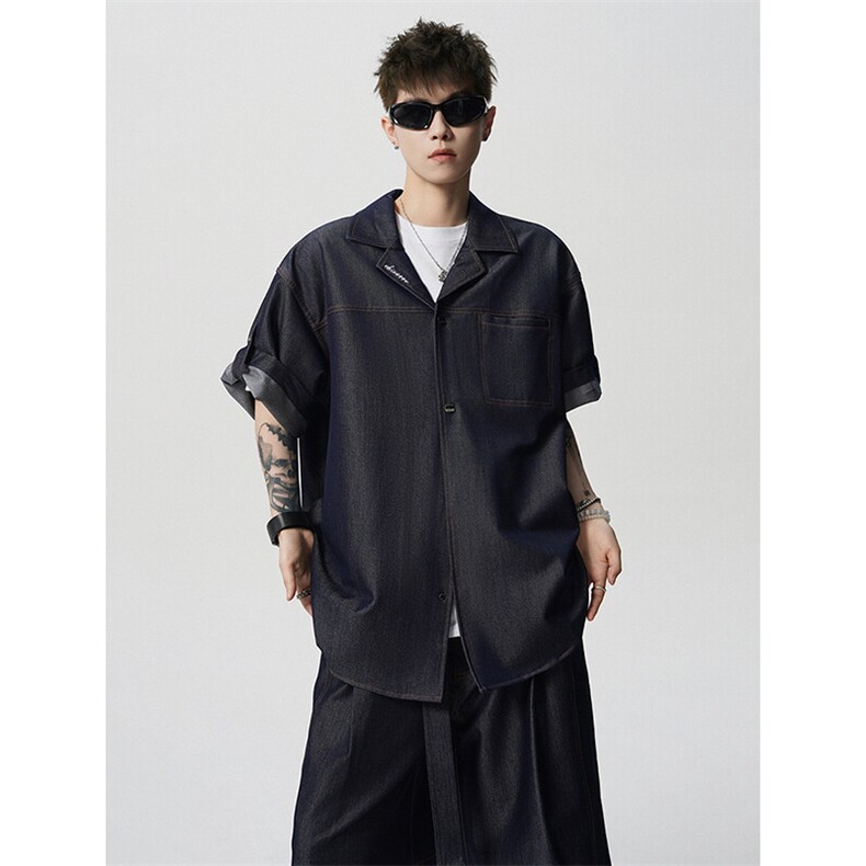 8XL-M夏季简约高级感冰丝牛仔古巴领男休闲痞帅宽松套装潮TZ109,男装休闲套装,电商D206-1