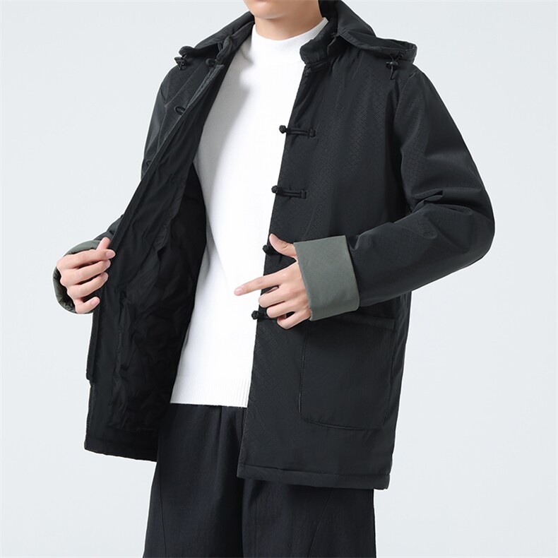 9399^风中长款男唐装羽绒服外套盘扣冬装可拆卸连帽款,男装羽绒服,钱塘777(原3023)