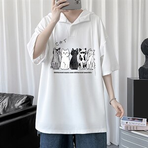 LD54100-P45 连帽短袖t恤男大码胖子带帽五分袖中袖图片