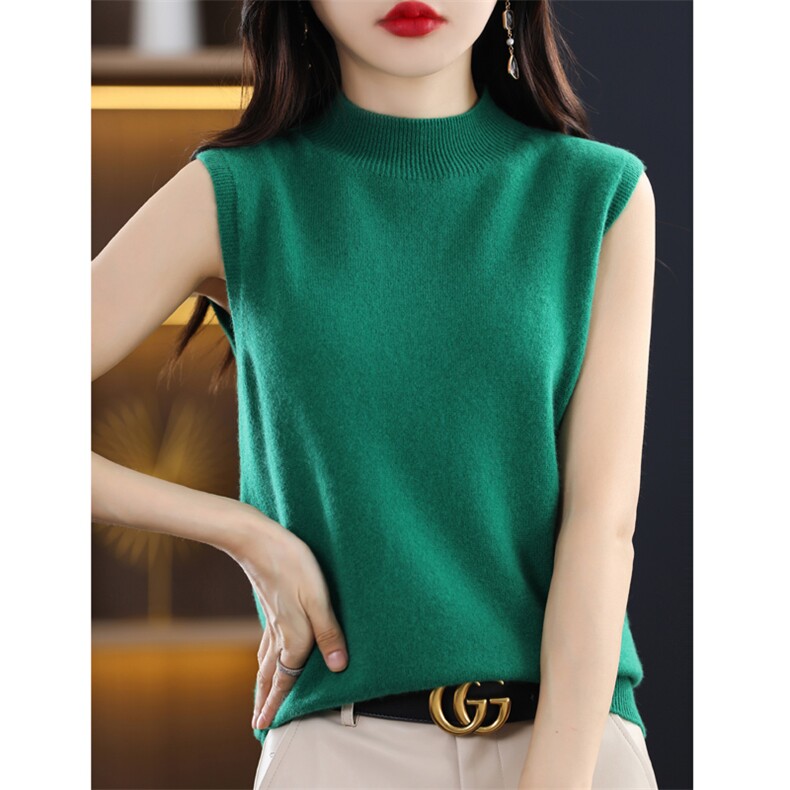 秋季新无袖女半高领吊带打底衫女纯色西装内搭羊毛针织衫套头背心，女装背心吊带，昭美羊绒