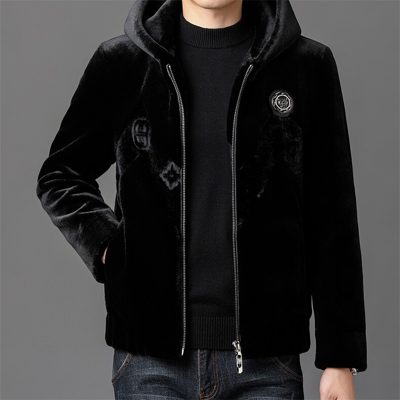 冬季加厚仿皮草男保暖爸爸装连帽商务夹克外套黑色ZX8930-P245,男装夹克,星座1105-3