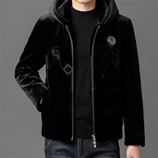 冬季加厚仿皮草男保暖爸爸装连帽商务夹克外套黑色ZX8930-P245，男装夹克，星座1105-3