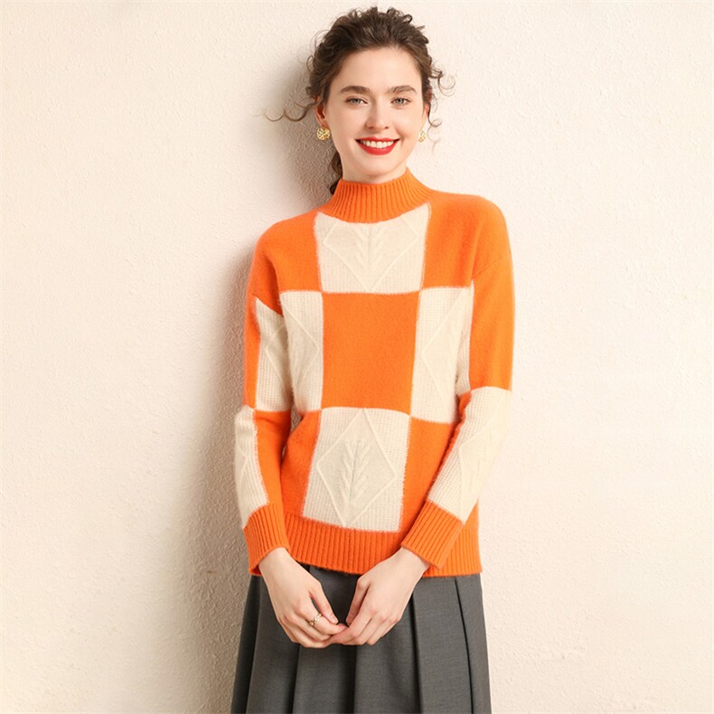 时尚格子拼接长袖毛衣女修身显瘦针织衫，女装羊毛衫，琳华羊绒