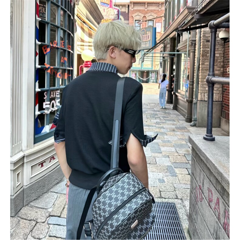得物抖音高品质二开夏季美式潮牌假两件条纹衬衫翻领高街短袖T恤,男装T恤,电商A486