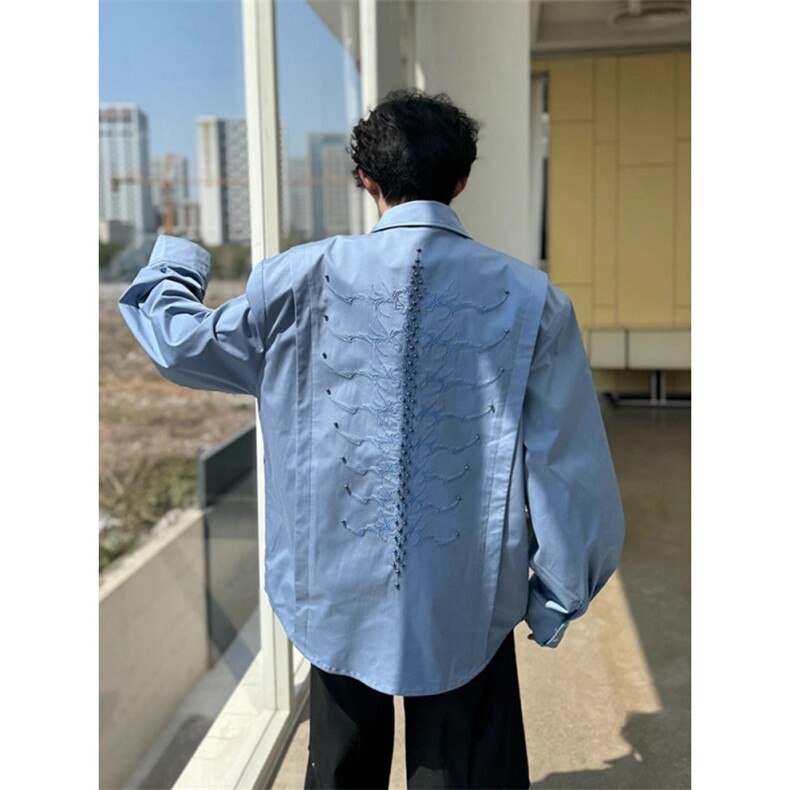 Jk01-P60 蛇瞳脊骨蓝色衬衫男款夏季高级感痞帅设计感衬衣美式图片