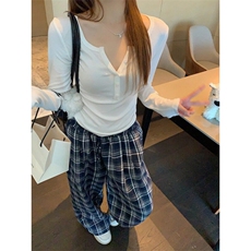 蓝色蕾丝花边格子休闲裤女宽松直筒阔腿裤慵懒高腰长裤LB3877-p40，男装休闲裤，星座1008