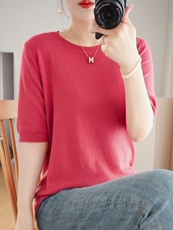 薄款针织短袖t恤女宽松2023夏季新款圆领短款上衣羊毛衫半袖体恤，女装针织衫/毛衣，林达羊绒