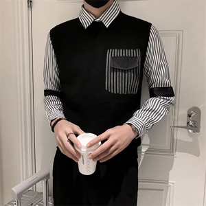 假两件毛衣男士条纹衬衫领打底口袋设计针织衫秋冬季男线衣 Q141图片