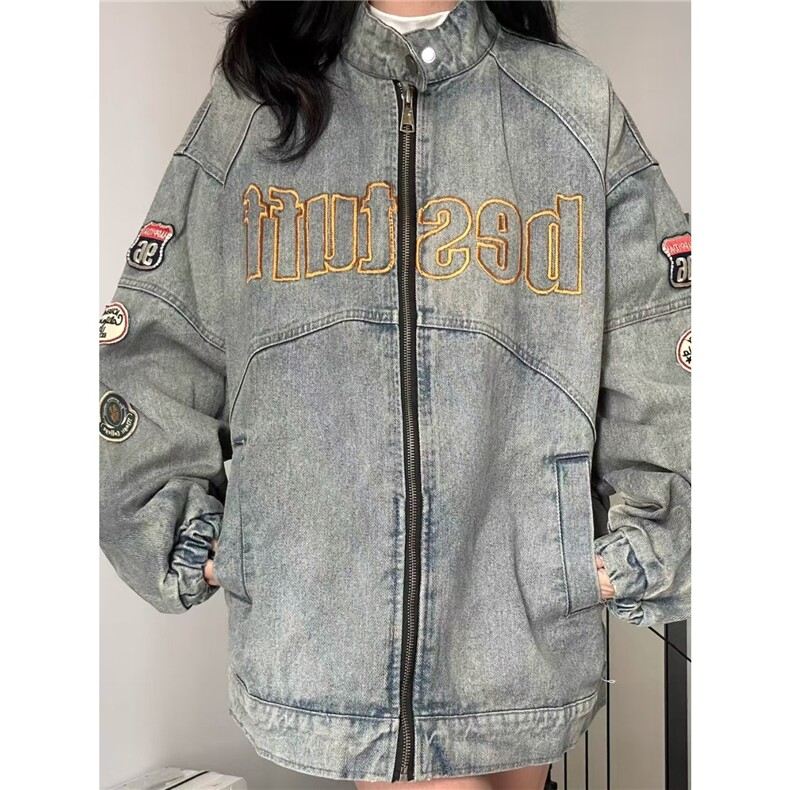 美式复古机车风vintage牛仔外套女2025春秋款刺绣重工夹克宽松潮,男装工装外套,星座1210-1