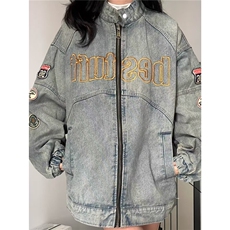 美式复古机车风vintage牛仔外套女2025春秋款刺绣重工夹克宽松潮，男装工装外套，星座1210-1
