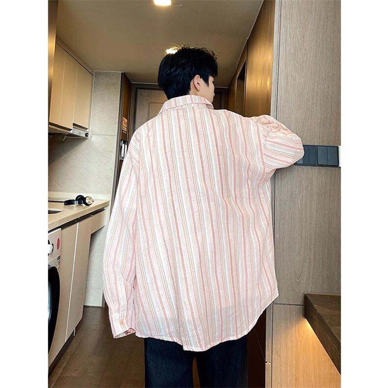 蓝色条纹情侣衬衫外套男女春秋季美式宽松休闲慵懒风痞帅衬衫,男装衬衫,星座1210-1