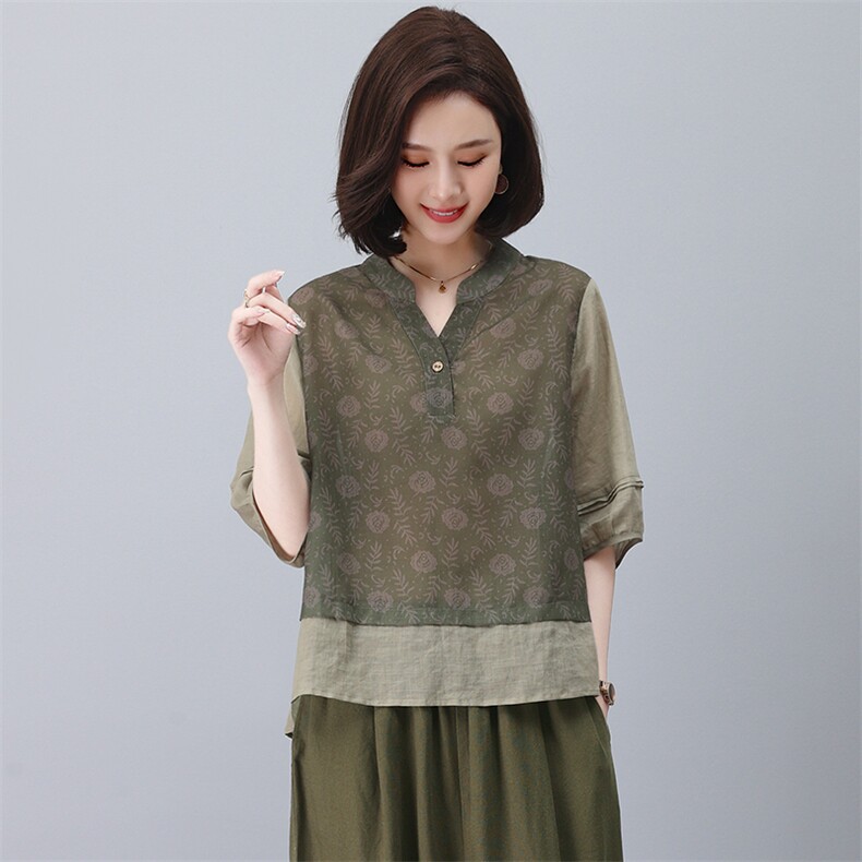 苎麻休闲女夏2025新款大码中年妈妈小个子洋气减龄棉麻,女装T恤,忆绮罗