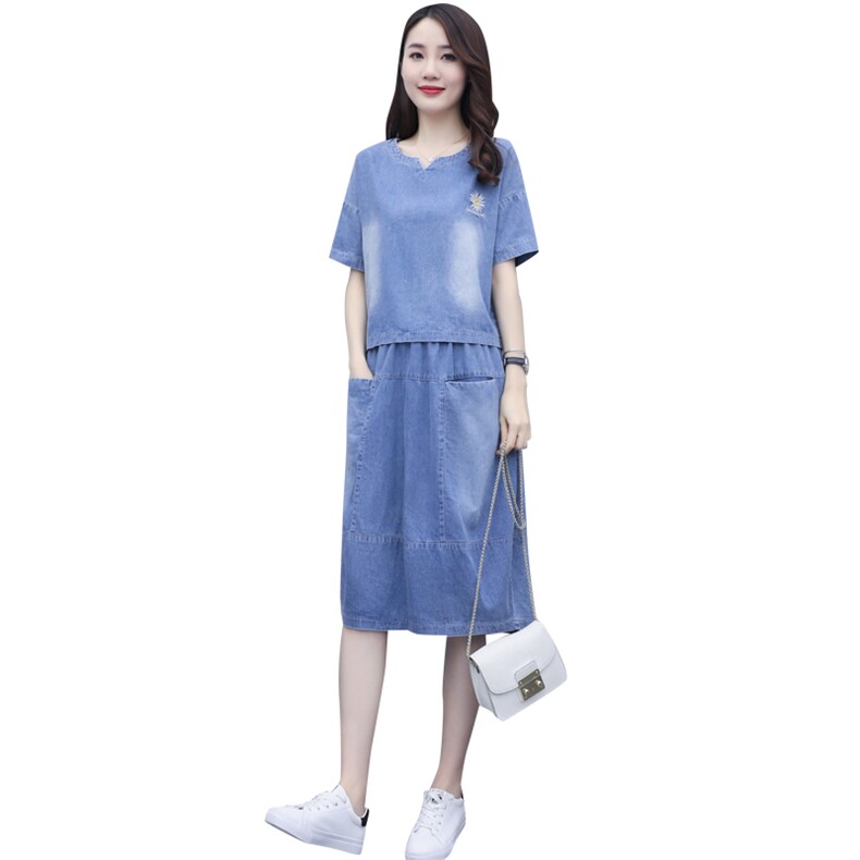 2021年夏季中腰常规时尚百搭潮流牛仔休闲裙套装,女装套装/套裙,凝聚力