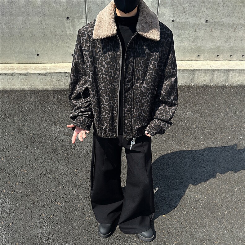 羊羔毛翻领棉衣男女同款豹纹保暖上衣GS65002图片