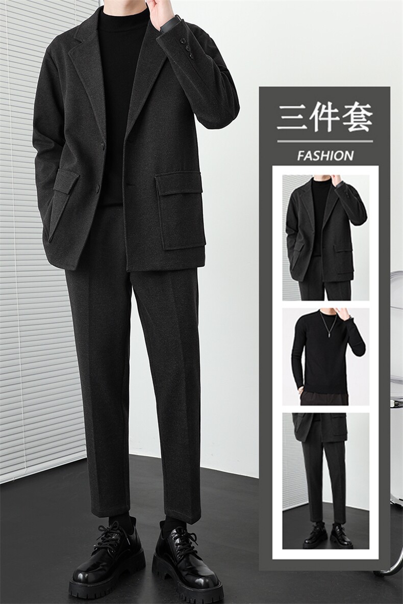 秋冬新款加绒加厚男士毛呢大衣套装三件套高级感港风男装两件套潮,男装西服套装,星座505-2（原电商A260-1)