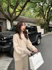 落肩圆领女重磅加厚套头长袖毛衣宽松慵懒减龄针织打底衫，女装针织衫/毛衣，半城羊绒