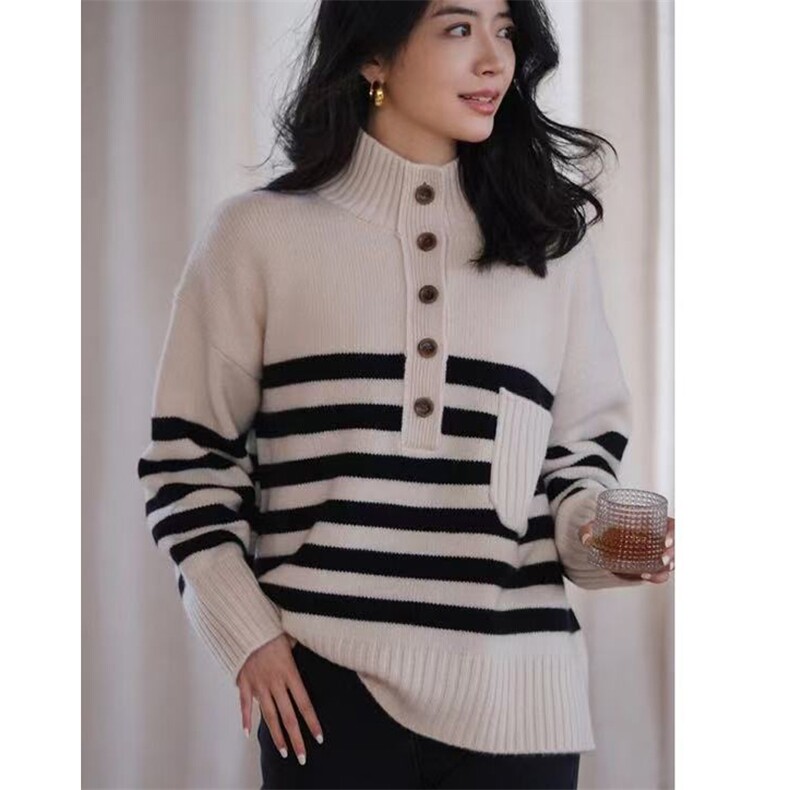 2025年秋季新款百搭女士polo领粗条长袖针织衫，女装针织衫/毛衣，忠诺羊绒