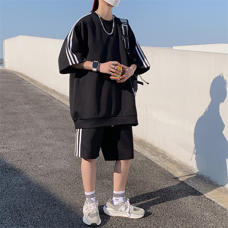 TZ83335/P65夏季新款短袖短裤t恤休闲宽松提花大码两件套套装男,男装休闲套装,电商A141