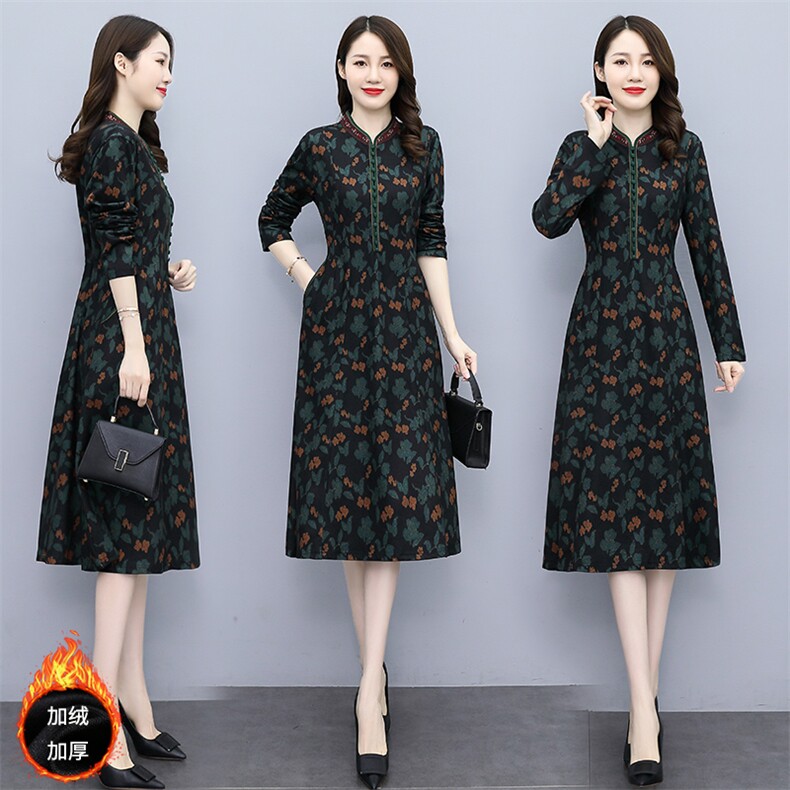 法式气质阔太太连衣裙女2022秋冬新款复古亮丝收腰大码印花裙，女装连衣裙，韩然一族