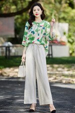 夏季新款简约气质圆领时尚图案印花复古盘扣装饰棉麻两件套，女装套装/套裙，贵人树