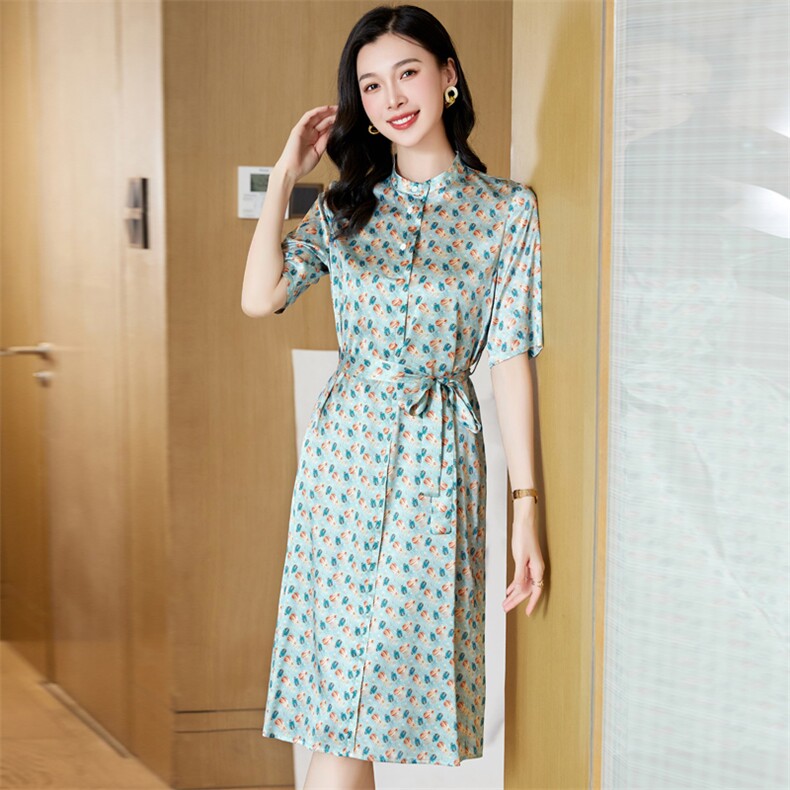 端庄大气碎花真丝连衣裙女中长款夏季2024新款超好看桑蚕丝裙子夏，女装连衣裙，阿舍尔精品