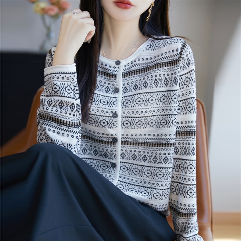 春夏复古拼色桑蚕丝亚麻针织开衫女圆领长袖外套毛衣宽松休闲上衣,针织衫/毛衣,大美人高端店