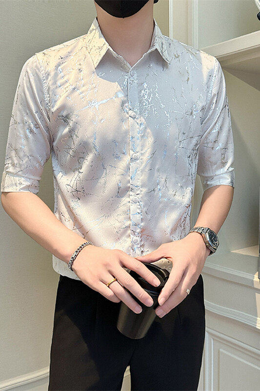 店主风社会小伙男七分袖烫金衬衫男休闲衬衣301A-1/CS563/P55,男装衬衫,星座301A-1