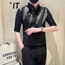 店主风男士夏季绣花七分袖衬衫男日常休闲衬衣301A-1/CS568/P55，男装衬衫，星座301A-1