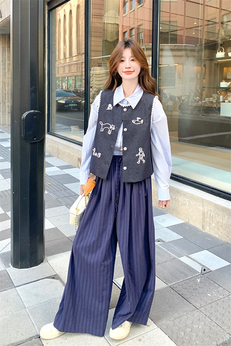 深蓝色马甲衬衫阔腿裤三件套女2025年秋季新款时尚直筒高腰一整套,女装套装/套裙,2C052
