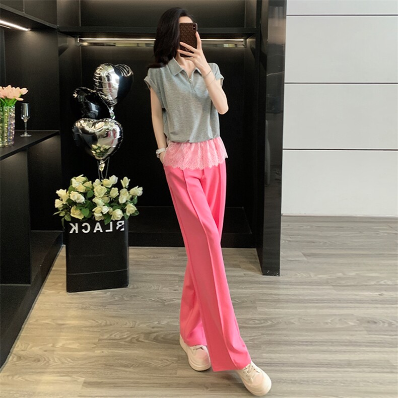 盐系炸街时尚休闲运动套装女夏季新款蕾丝拼接短袖阔腿长裤两件套,女装套装/套裙,江南