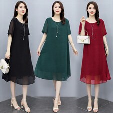 （现货）时尚显瘦大码女装夏季新款圆领宽松纯色短袖中长款连衣裙，女装大码女装，深妍伊美