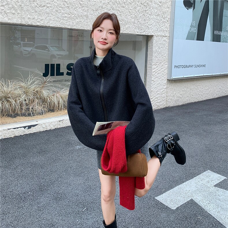现货新款配背包羊绒秋冬小个子短款学院风减龄毛呢外套女装,女装毛呢外套,韩然一族