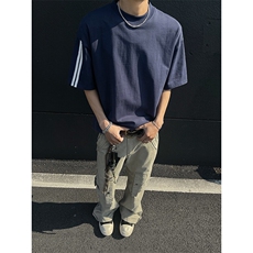 高品质二开240克宽松纯棉美式高街痞帅两杠织带短袖T恤特19.5，男装T恤，电商A486-1