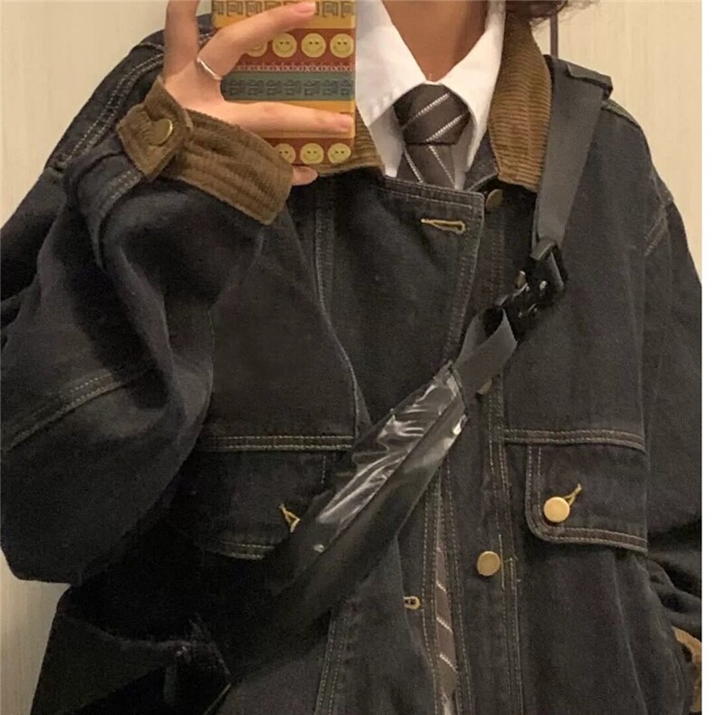 D5102-P65黑色少年感牛仔外套女春秋中性风夹克棒球服潮-网图现货,男装夹克,星座603-2