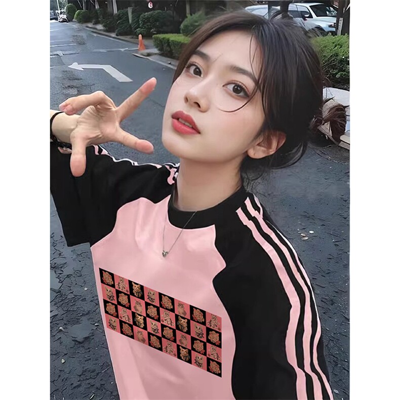 夏季美式高街重磅纯棉三条杠织带插肩撞色男女短袖T恤CZ115-特P25图片