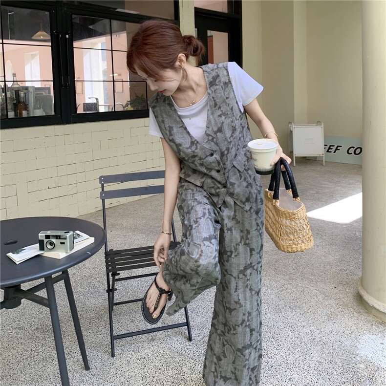 复古时尚印花马甲套装女2025年夏季新款气质通勤T恤阔腿裤三件套,女装套装/套裙,2C129