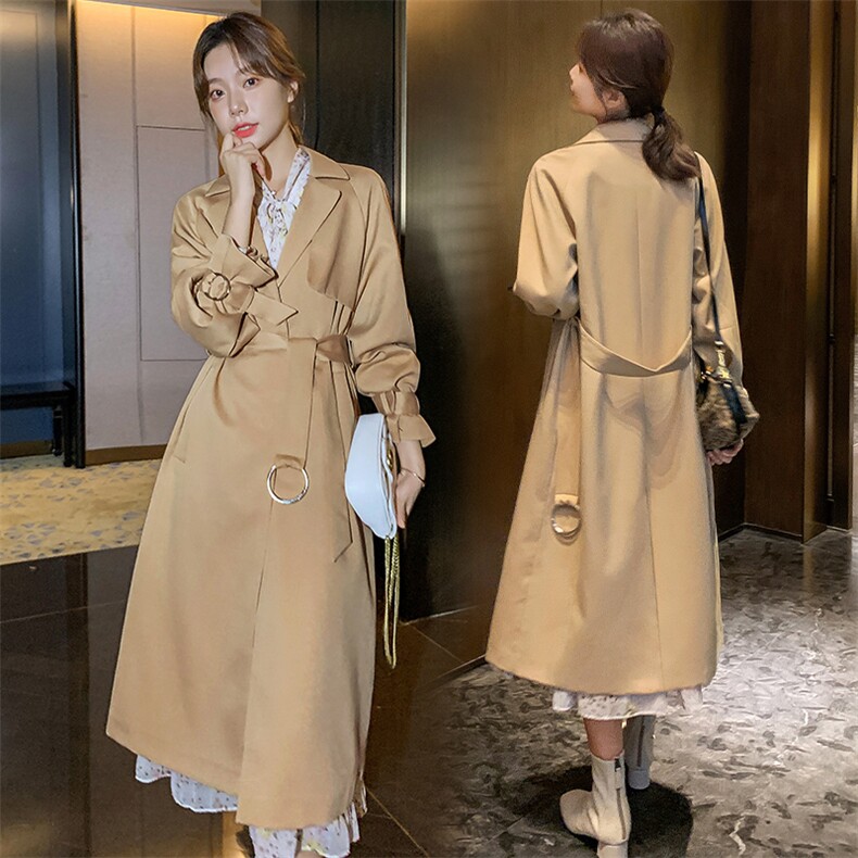 ByYou2025春季新款高级感中长款卡其色风衣外套女英伦风休闲大衣，女装风衣，依多米