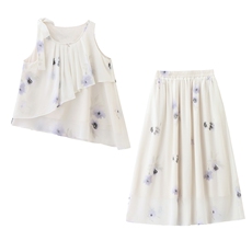 DLM8661白色花朵印花套装女夏无袖上衣半身裙两件套，女装套装/套裙，朵莱米